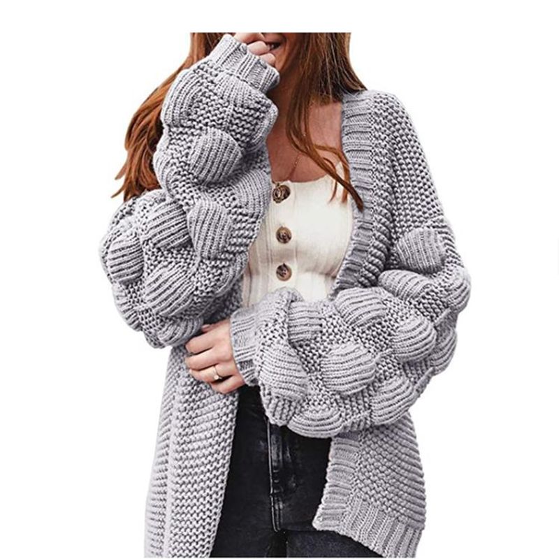 Cardigan oversize da donna in maglia con maniche a sbuffo - Morbido misto acrilico, maglione a maniche lunghe con apertura frontale, moda autunno e inverno, vari colori_voghion.com
