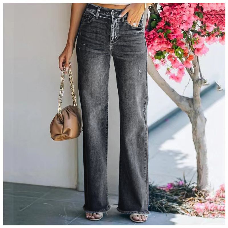 Abbigliamento da donna esclusivo per jeans lavati a taglio vivo di buona qualità, pantaloni dritti larghi a vita media da donna_voghion.com