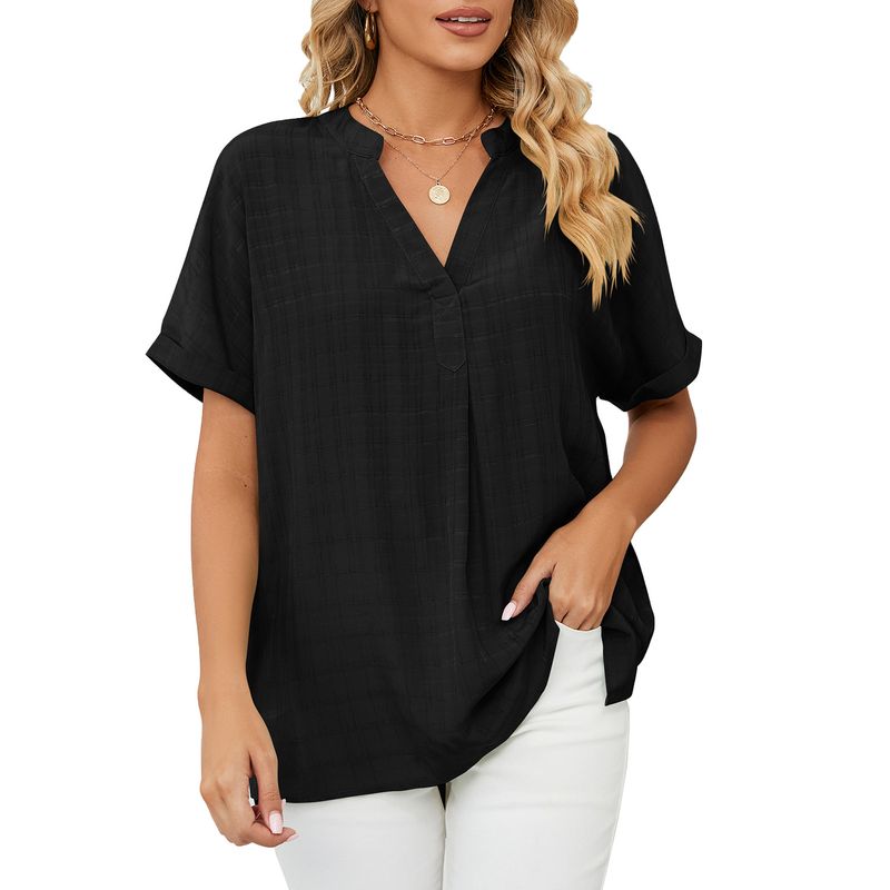 Women's Clothing Thin V-neck Casual Pullover Solid Loose Shirt Top_voghion.com