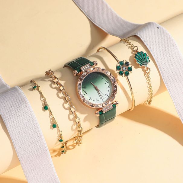 Women's fashion ins gradient dial crocodile pattern belt quartz watch green small flower bracelet jewelry set_voghion.com