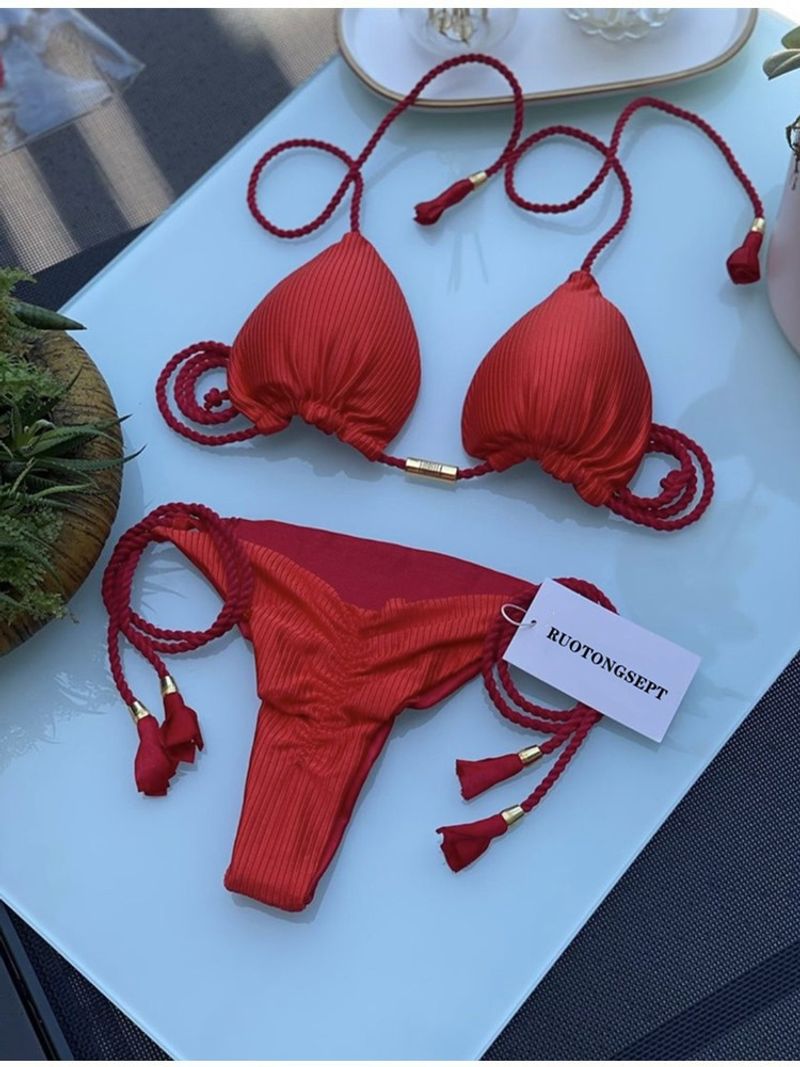 sexy printed Brazilian bikini strappy tassel split swimsuit multi-color_voghion.com