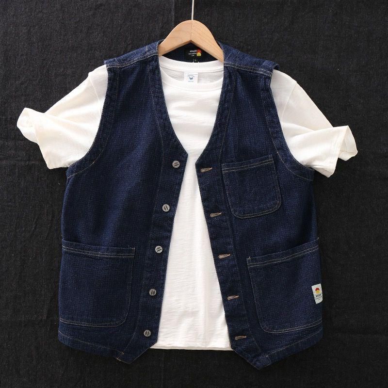 Classic denim deep blue daytime single men's casual vest versatile V-neck small jacket trend_voghion.com