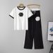 Audday Fashion Women's Knitted Summer Round Neck Camellia Short Sleeve Top Elastic Waist Casual Long Pants Two-Piece Set_voghion.com