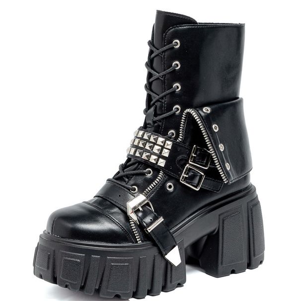 Neue europäische und amerikanische Stiefeletten mit klobigem Absatz, Martin-Karomuster, Metallnieten und Gürtelschnalle für Damen._voghion.com