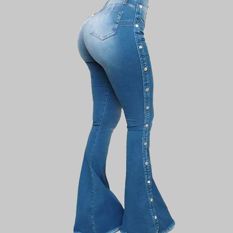 High waist elastic mop flared jeans ladies trousers_voghion.com