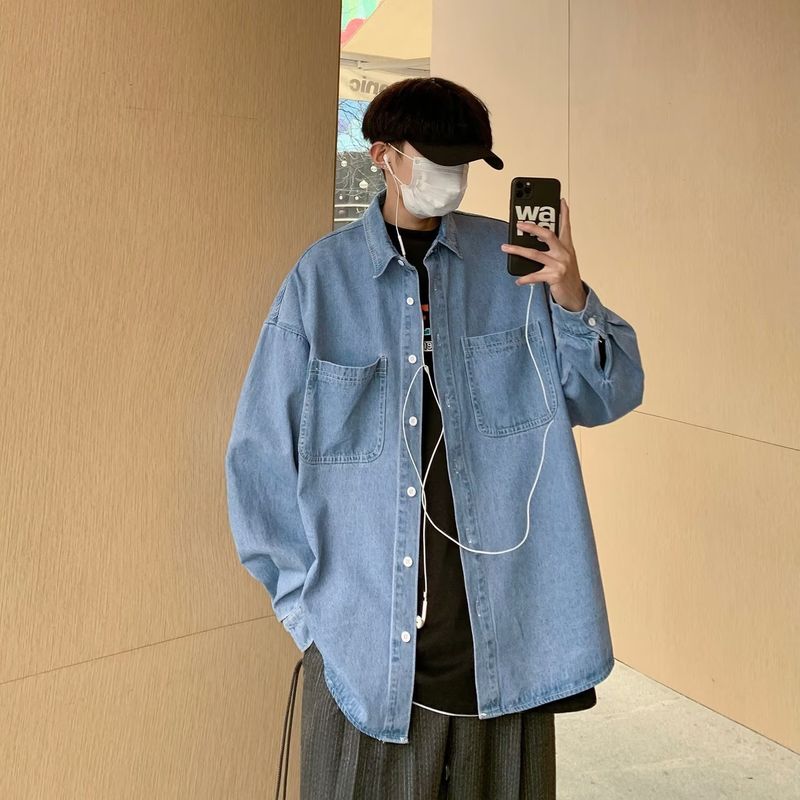 Retro Solid Color Long Sleeved Denim Shirt, Men's And Women's Trendy Brand Street Loose Workwear Shirt_voghion.com