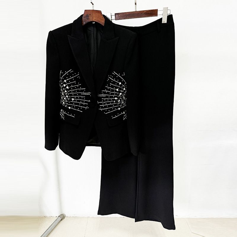 Abbigliamento da donna, moda celebrità, nuovo abito con perline pesanti, diamante, un bottone, pantaloni, abito due pezzi_voghion.com