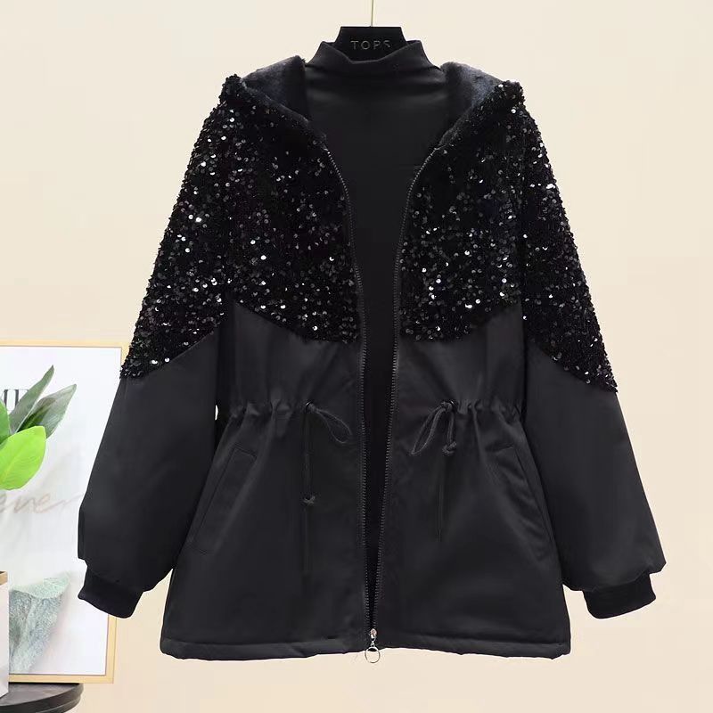 Calm Plus Size Autumn Winter New Waist-Cinching Sequin Trench Coat For Women Korean Fashion Versatile Loose Slimming Stylish_voghion.com