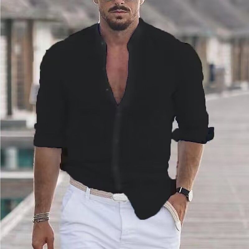 Herren Sommerhemd Strandhemd Langarm Einfarbig Hawaiian Urlaubskleidung_voghion.com