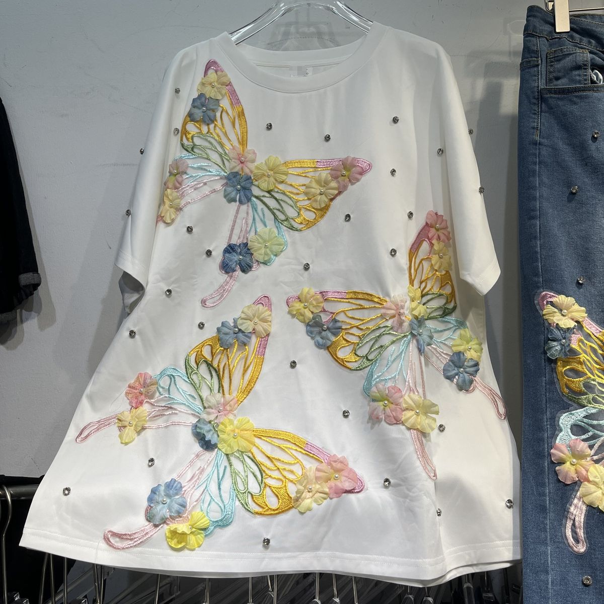 Women's Clothing Summer New Butterfly Print Short Sleeved T Shirt Heavy Beaded Embroidery Straight Slim Fashion Design Pants_voghion.com