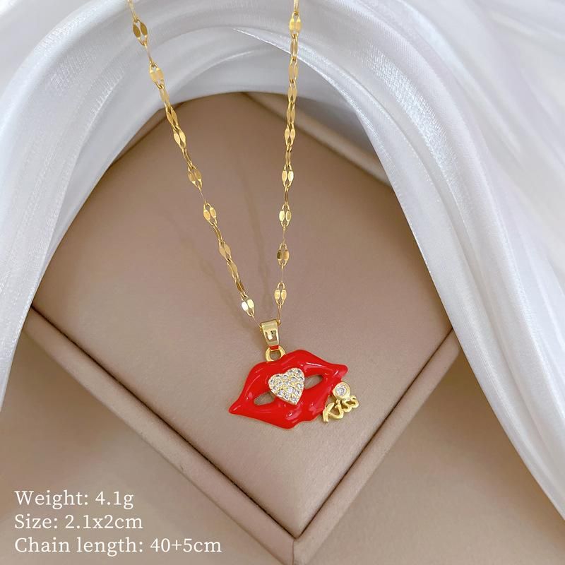 Female Red Lip Necklace Fashion Shiny Zircon Heart Shape Pendant Stainless Steel Clavicle Chain Jewelry_voghion.com
