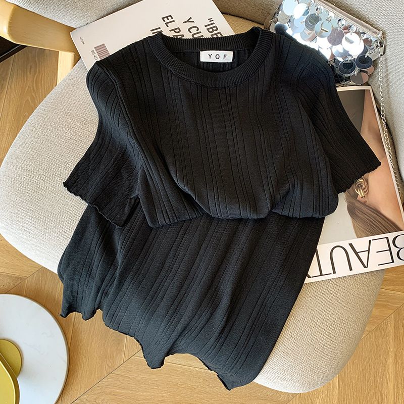 Abito da donna con scollo rotondo e maniche corte, dolce gonna in maglia versatile in tinta unita_voghion.com