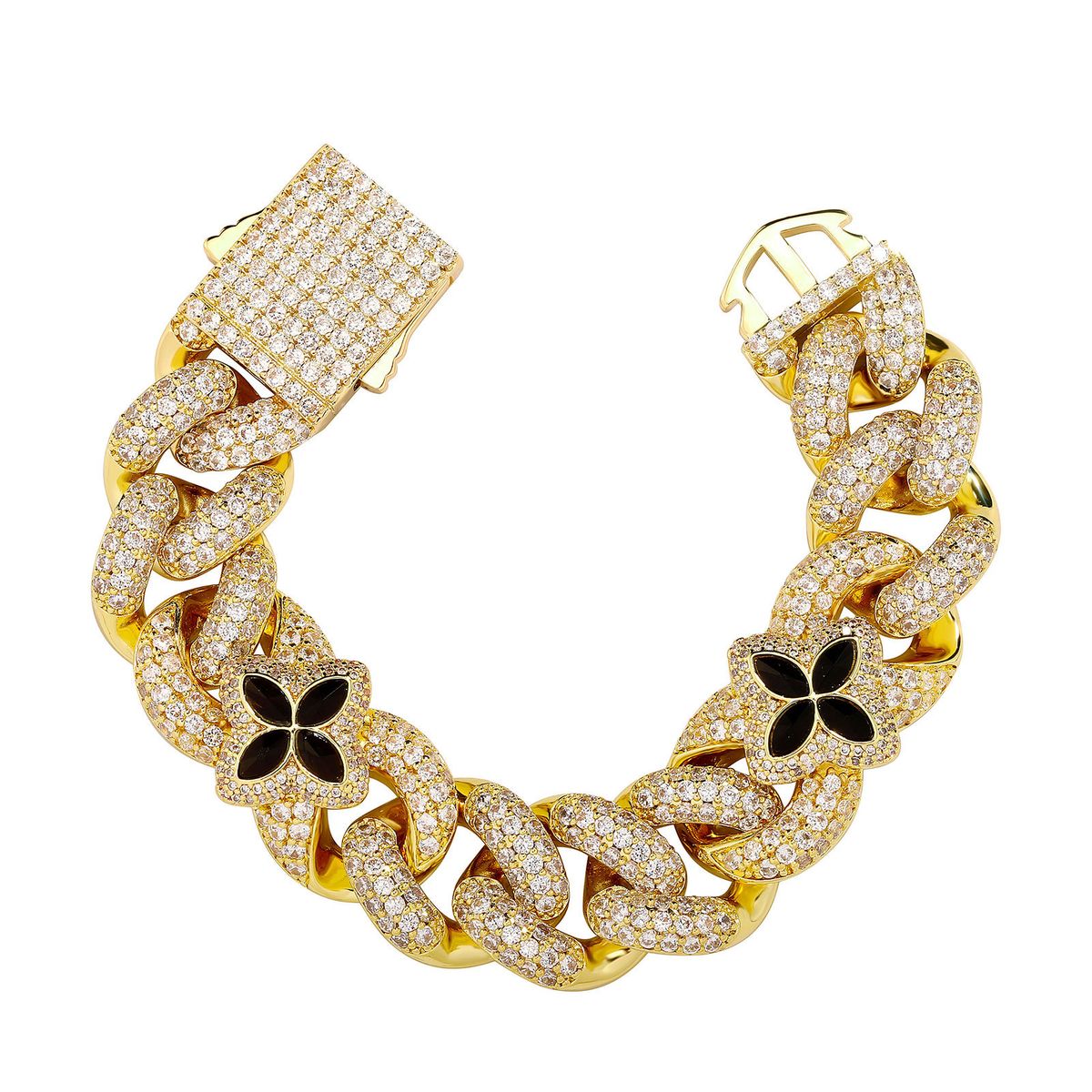 Bracciale da uomo a maglie cubane con pietra preziosa verde a forma di quadrifoglio, chiusura a molla regolabile, 7-8 pollici, design geometrico, accessorio di moda unisex_voghion.com