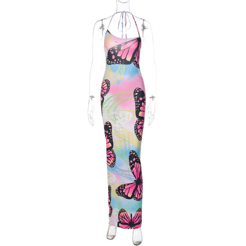 Women's summer new fashion print sexy backless pleated slim fit lace dress _voghion.com