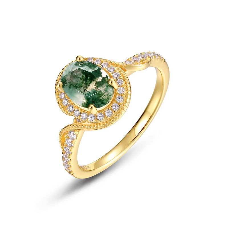 Anello in agata naturale placcato in oro 10K con muschio verde intarsiato in argento S925 e anello leggero di lusso_voghion.com
