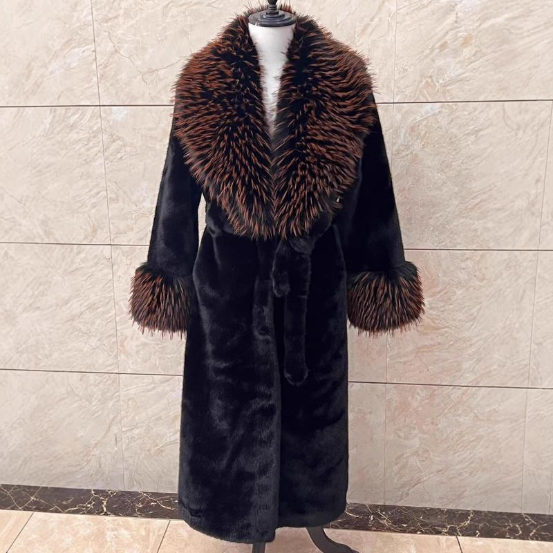 Cappotto lungo da donna in pelliccia sintetica invernale di lusso con collo in pelliccia di volpe, elegante e caldo capospalla per il freddo_voghion.com