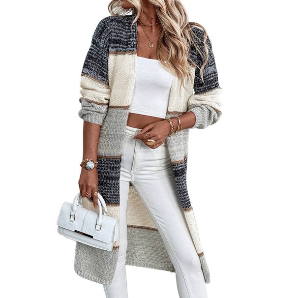 Women's Longline V-Neck Cardigan - Stripe & Color-Block Open Front Knit Sweater (Gray)_voghion.com