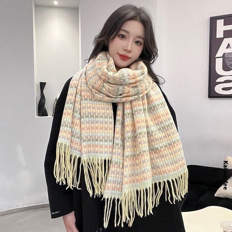 Schattige herfst-winter gebreide garen kwast Koreaanse geruite sjaal veelzijdige sfeer, dikke sjaal voor warmte en luxe_voghion.com