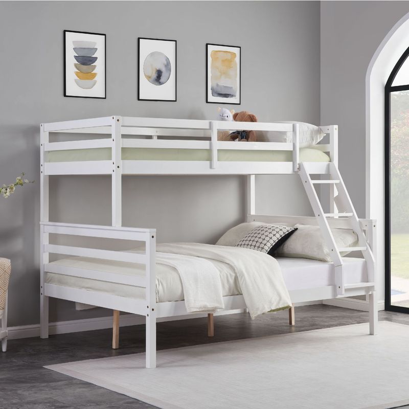 Twin Over Full Bunk Bed With Ladder,Wooden Bunk Bed With High Guardrail And Ladder For Kids, Teens, Dorm Rooms, And Guest Rooms,No Box Spring Needed,White_voghion.com