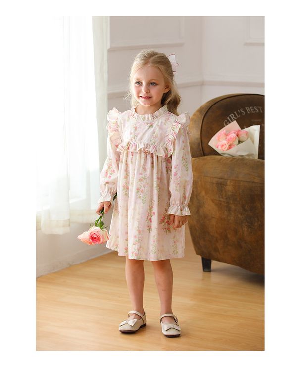 Mother & Kids French flower fungus lace stand collar girl dress 2024 autumn children's clothing long sleeve children's princess dress pure cotton_voghion.com