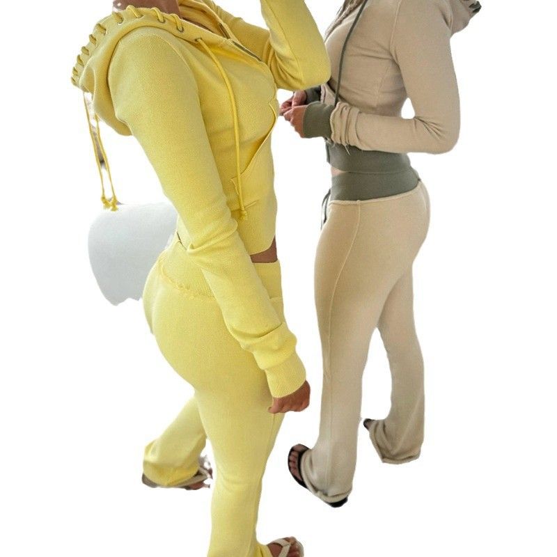 Pantalon de survêtement évasé en tricot à coutures contrastées pour femme, coupe slim, pantalon de fitness décontracté_voghion.com