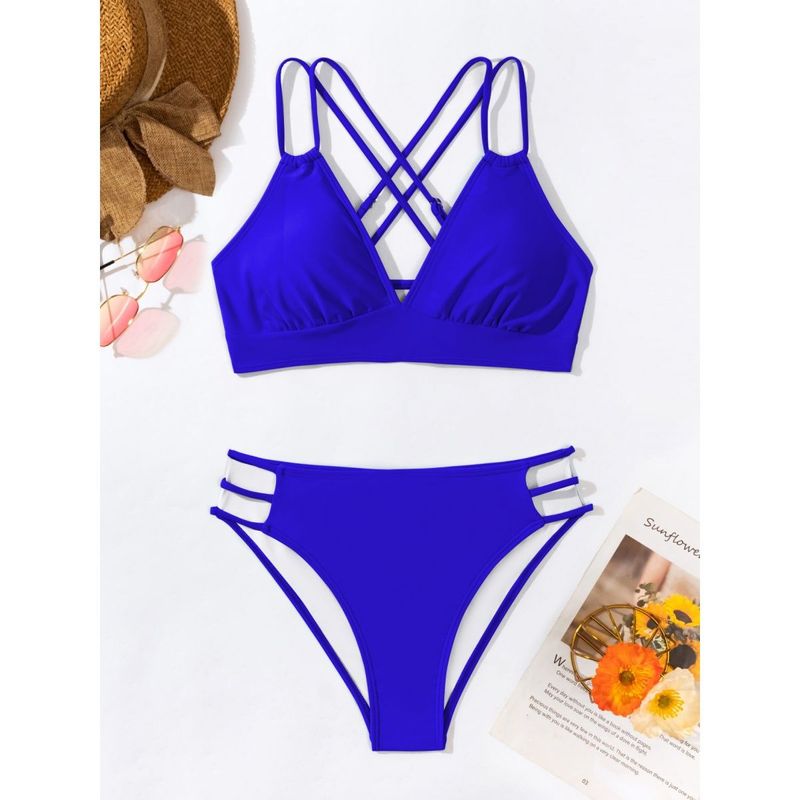 Ins Style New Solid Color V-neck Backless Sexy Bikini Two-piece Swimsuit Swimwear_voghion.com