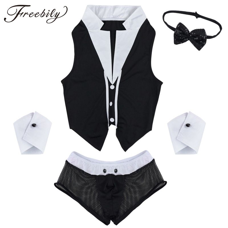 Hot Mens Maid Role Play Costume Erotic Sexy Halloween Outfits Tops Boxer Briefs Underwear with Collar Handcuffs Lingerie_voghion.com