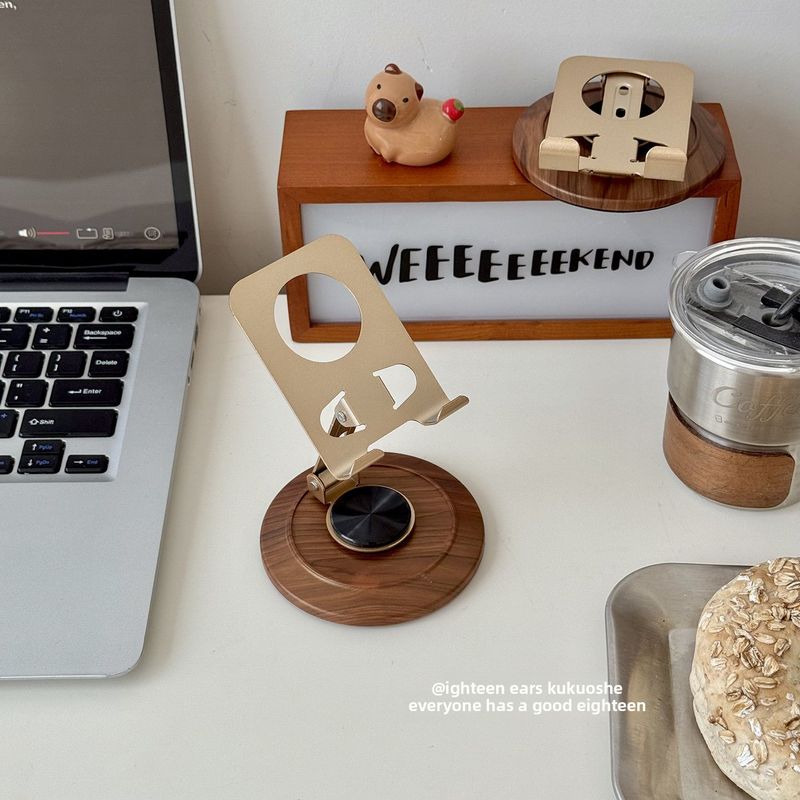 Walnut Wood Grain Rotatable Foldable Metal Phone Portable Tablet Stand Lazy Watching TV Artifact_voghion.com
