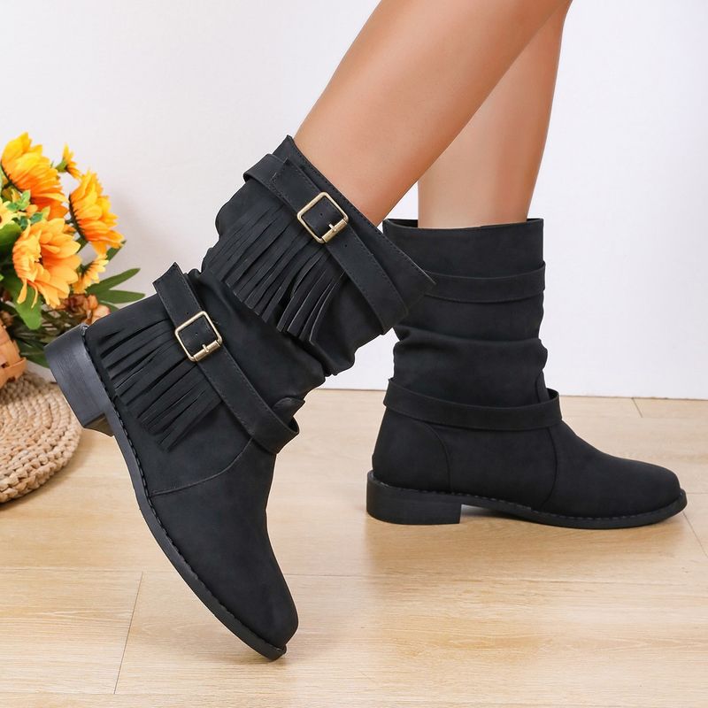  round head water belt buckle large size short boots cross border low barrel retro thick heeled Martin boots_voghion.com