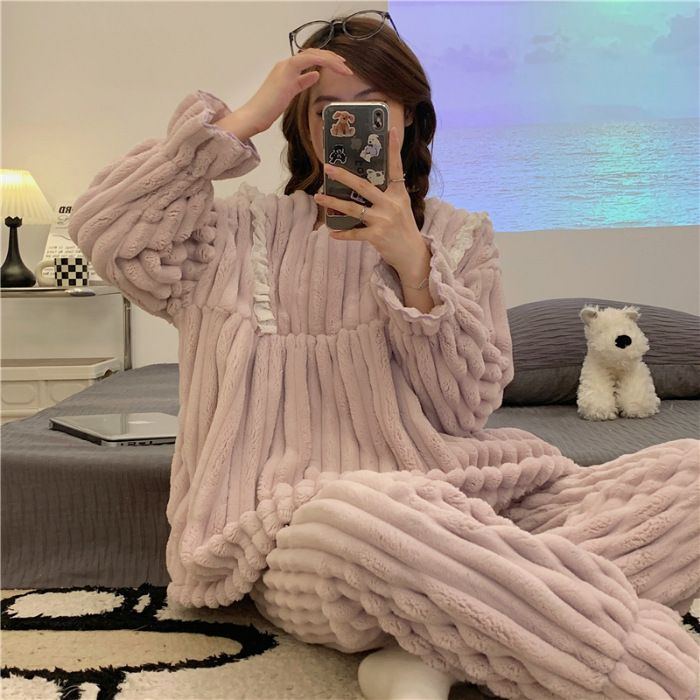 Autumn And Winter Flannel Pajamas Women's Season Thickened And Velvet Loungewear Suit_voghion.com