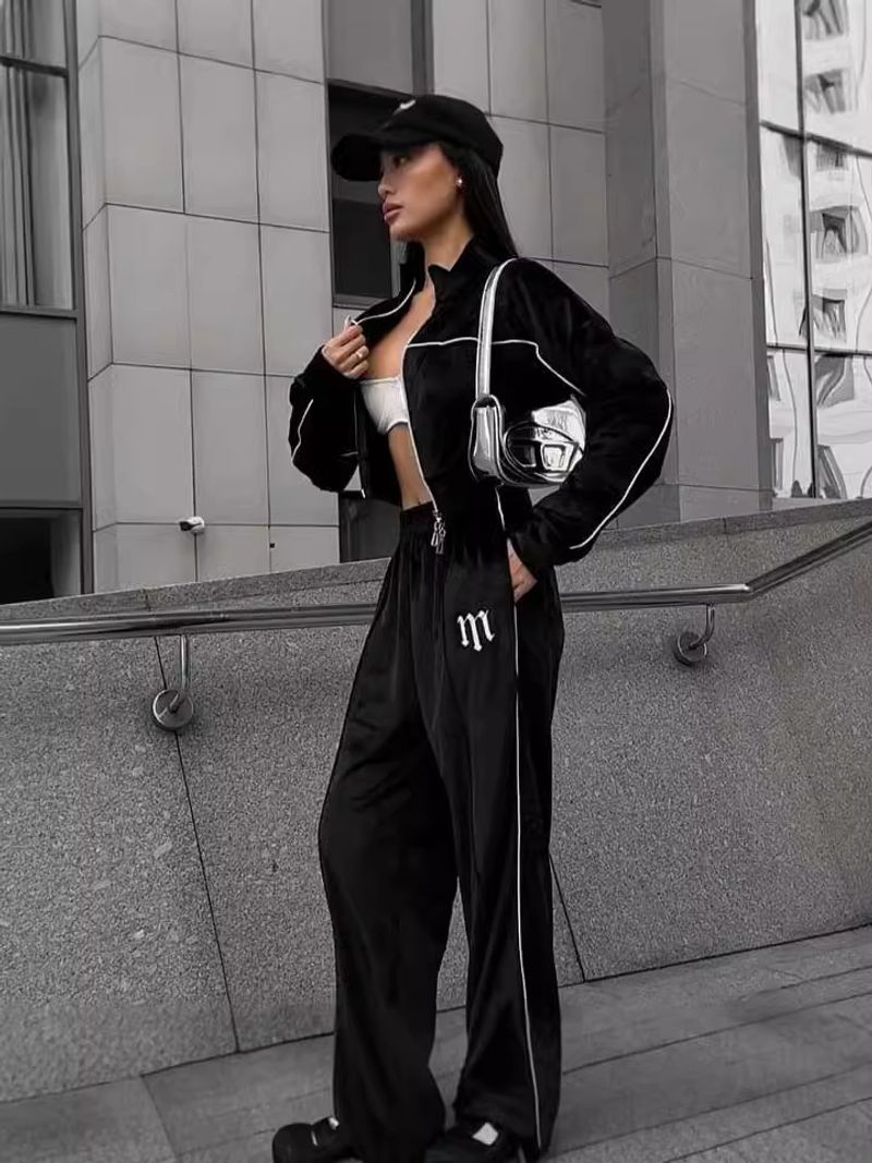 Women's Long Sleeve High Neck Sweater & Split Leg Pants Set - Streetwear Casual Outfit With Cotton Blend Fabric_voghion.com