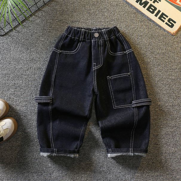 Jeans classici in denim blu per bambini - Comodi pantaloni a gamba dritta per bambini (90-150 cm) - Morbido cotone elasticizzato per giochi attivi_voghion.com