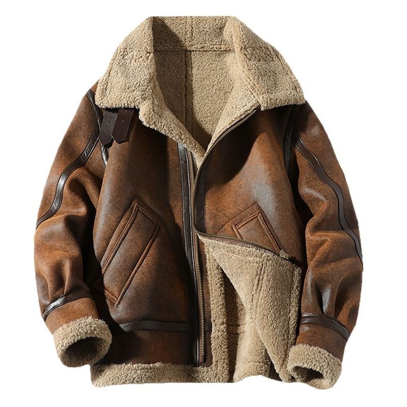 Retro Suede Shearling Jacket Men's Jacket Fleece-Lined Thickened Winter Fur-Collar Integrated Motorcycle Leather Jacket Trendy Style_voghion.com