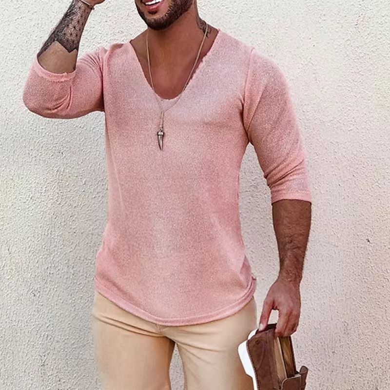 2024 Primavera/Verano/otoño nuevo suéter de punto de manga larga fino con cuello en V grande para hombres_voghion.com