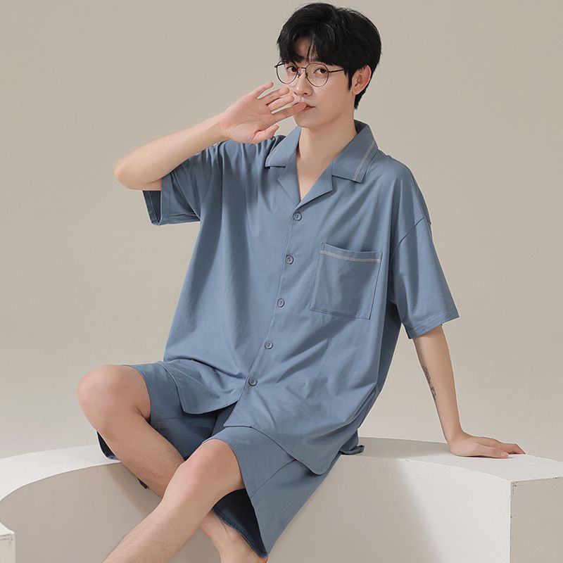 Spring and men's short sleeved shorts, Modal cardigan pajamas, casual plus size youth summer home clothes can be worn_voghion.com