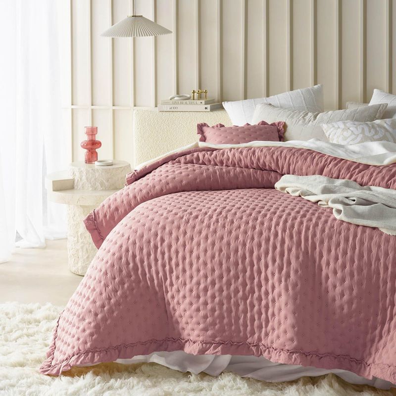 Parure de lit 3 pièces en coton délavé de couleur unie – Matelassée, légère et aérée avec bordure en dentelle (agréable pour la peau et respirante)_voghion.com