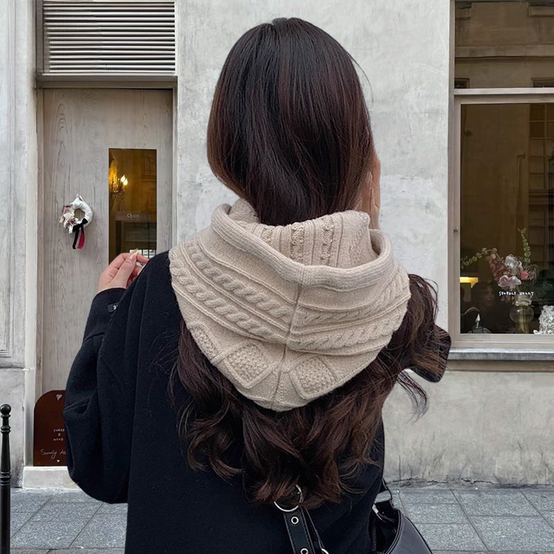 Balaclava women's winter warm Fried Dough Twists braid scarf integrated ear protection cold proof wool knitting hat_voghion.com