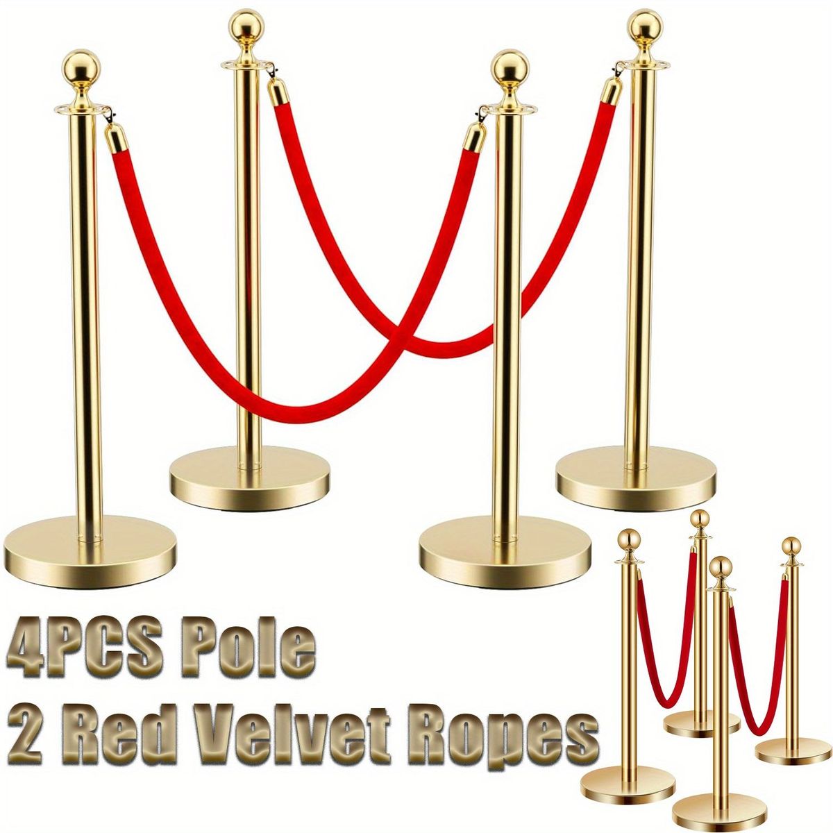 4PCS Premium Stainless Steel Stanchion Posts With 2 Red Velvet Ropes - Adjustable Crowd Control Barriers With Weighted Bases For Events, Weddings, Museums, Theaters & VIP Areas_voghion.com