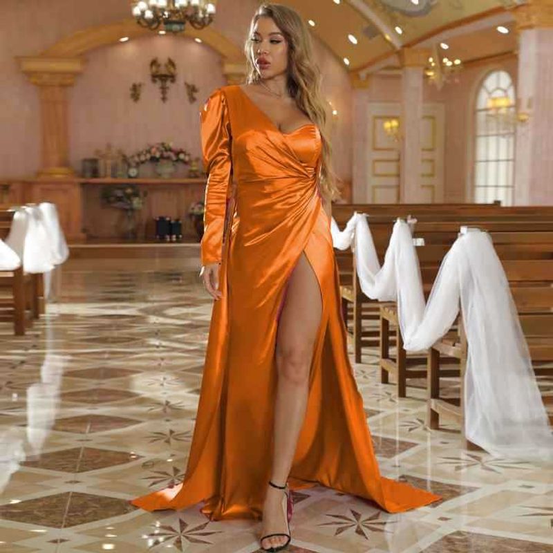 Women's asymmetrical long-sleeved tube top trailing evening dress bridesmaids dress banquet dinner dress_voghion.com