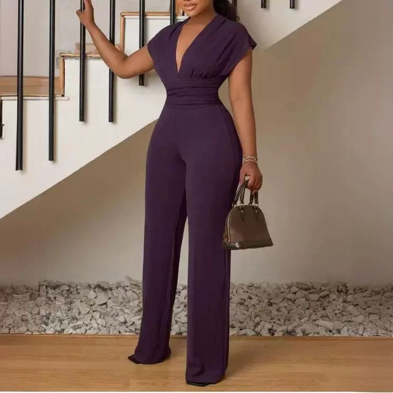 Women's new style back tie deep V neck waist fashionable women's jumpsuit_voghion.com