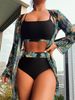 2025 New Maple Leaf Print Long Sleeve Patchwork Bikini Three-Piece Set High Waist Swimsuit For Women_voghion.com