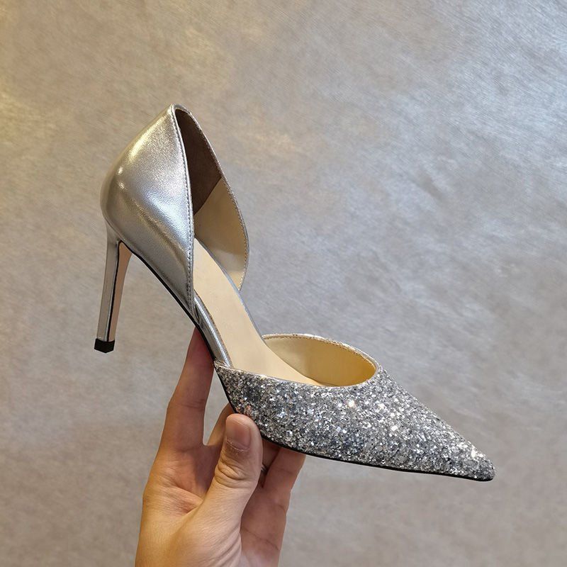 Buty damskie w nowym stylu, z wydrążonymi cekinami, pasujące kolorystycznie, na wysokich obcasach, ze szpiczastym noskiem, buty ślubne, buty robocze dla druhen dla kobiet_voghion.com