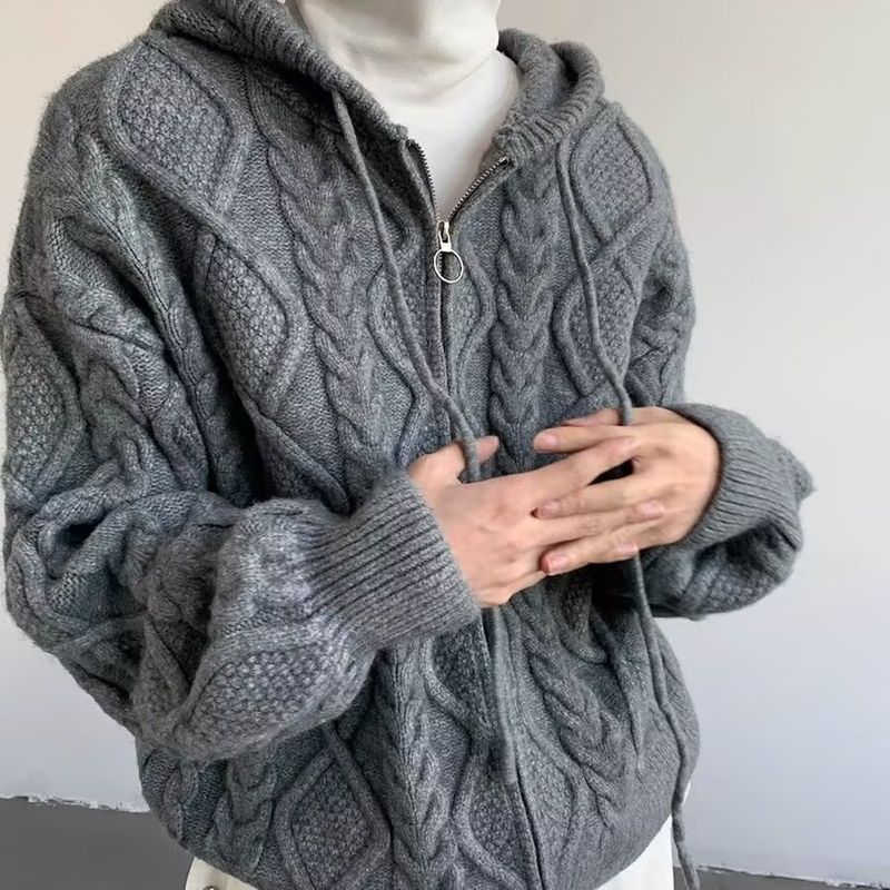 Cardigan casual da uomo con cerniera, stile casual, con cappuccio e lavorazione a trecce, stile pigro, autunno inverno_voghion.com