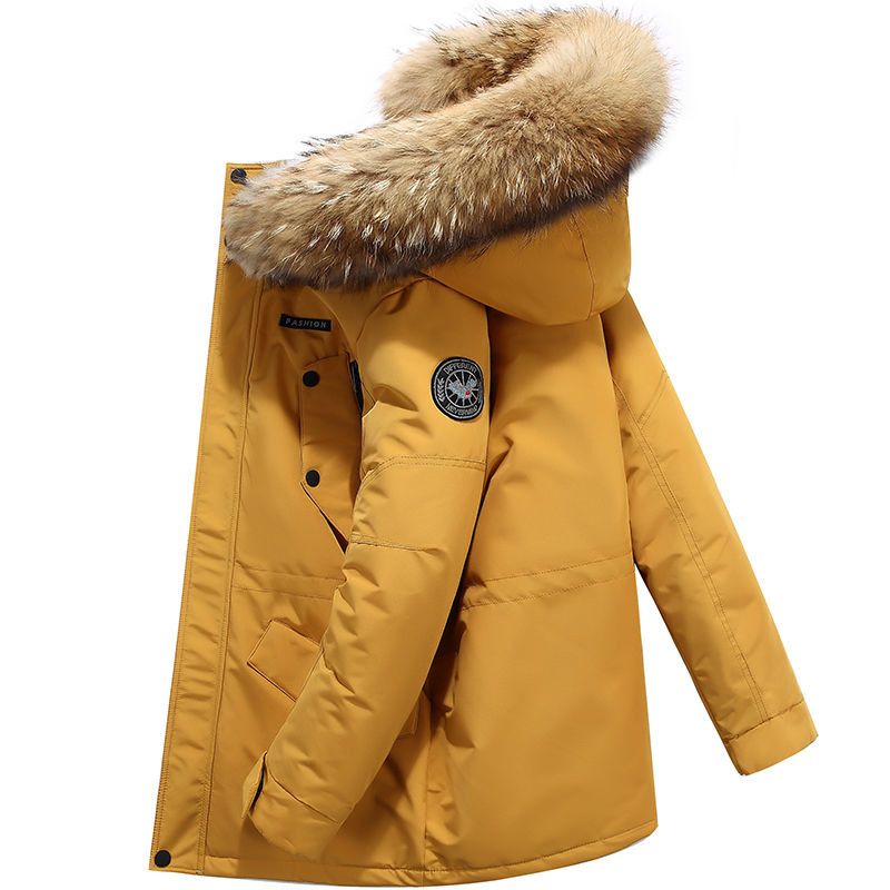 Unisex-Kleidung Atmungsaktive Freizeit-Arbeitskleidung Big Goose Herren-Winterkleidung Herren mittlere und lange große Pelzkragen-Kapuzen-Dicke warme Paarjacke_voghion.com