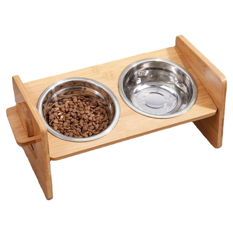 Bamboo Double Dog Raised Bowls 15 Degree Tilt Elevated Dog Bowls with 4 Adjustable Heights 2 Stainless Steel Bowls Pet Feeder for Dogs Cats Rabbits_voghion.com