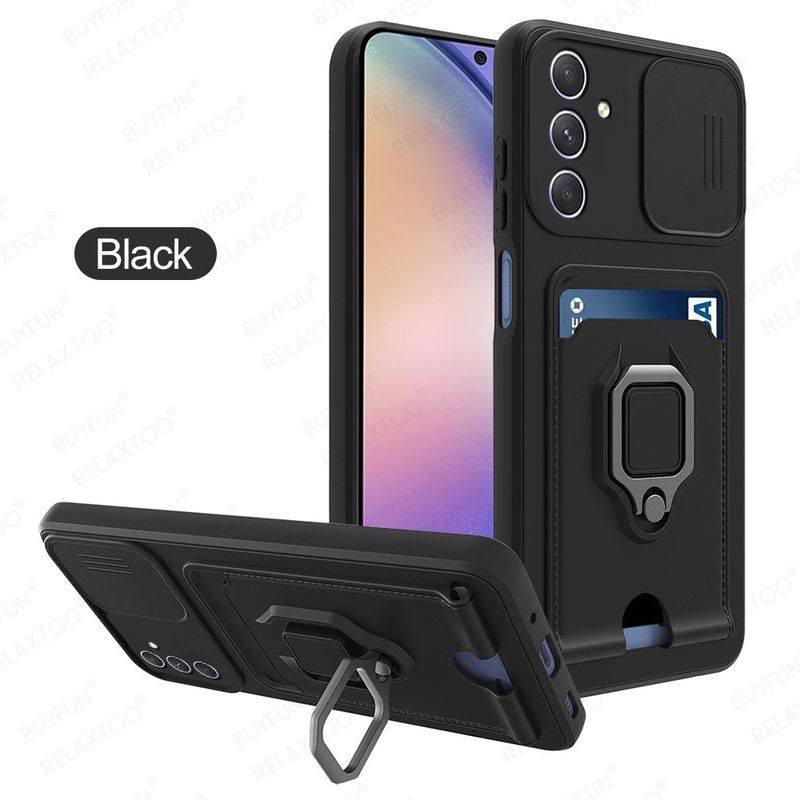 Push Camera Protect Soft TPU Case Voor Samsung Galaxy A54 A34 A14 5G EEN 54 34 14 Auto magnetische Ring Stand Card Wallet Cover Fundas_voghion.com