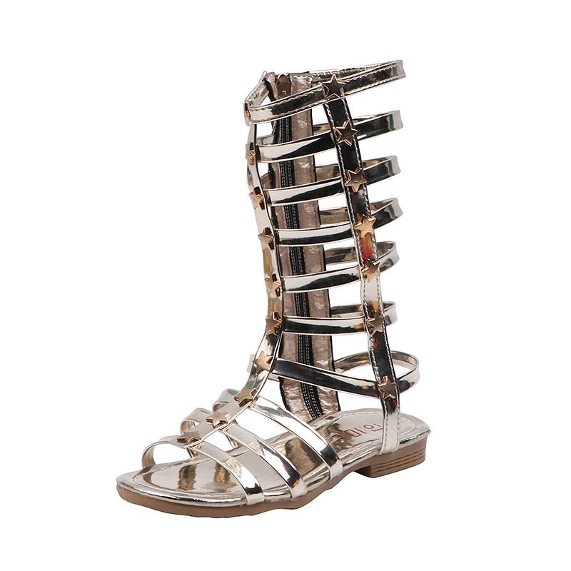 2025 Sommer Neue Kinder Nieten Sandalen Mädchen High Top Lange Hohe Röhre Stern Offene Spitze Römische Schuhe Student Sandalen_voghion.com