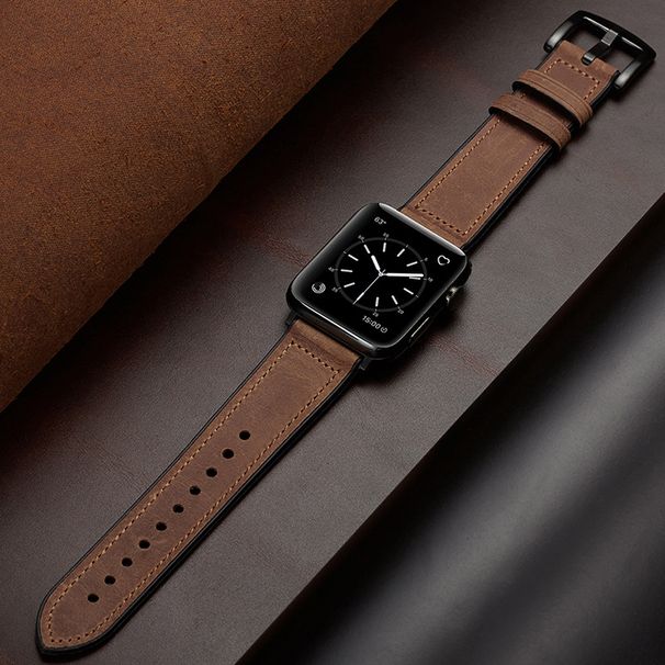 Correa vintage de piel auténtica para Apple Watch Series 9/8/7/6/Ultra - Fabricada a mano con base de silicona, ajuste ajustable, estilo clásico (tallas 38-49 mm)_voghion.com