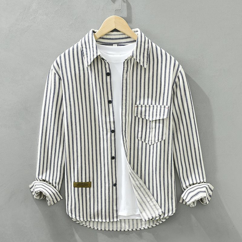 6632 New Men's Japanese Retro Long sleeved Shirt Youth Loose Striped Square Neck Men's Coat One Piece for Replacement_voghion.com