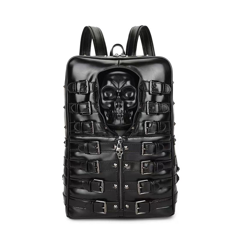 JIEROTYX Reisetasche im Punk-Stil für Damen und Herren, schwarzer Totenkopf-Tagesrucksack, Gürtelschnallendekor, Skelett-Gothic-Taschen_voghion.com
